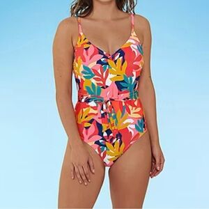 Mynah One Piece Swimsuit Women’s XXL Artistic Blooms Tie Waist Beach Summer